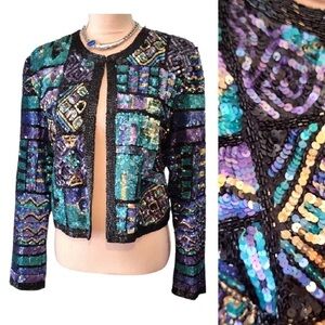 Vntg Laurence Kazar Colorful Silk Sequins Beaded Cropped Jacket XL
